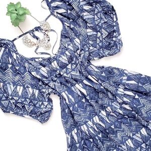 Knox Rose Blue Ikat Puff Sleeve Tiered Peasant Dress Ruffle Hem Size XXL